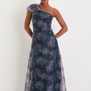 Beyond Fabulous Blue Floral Organza One-Shoulder Maxi Dress